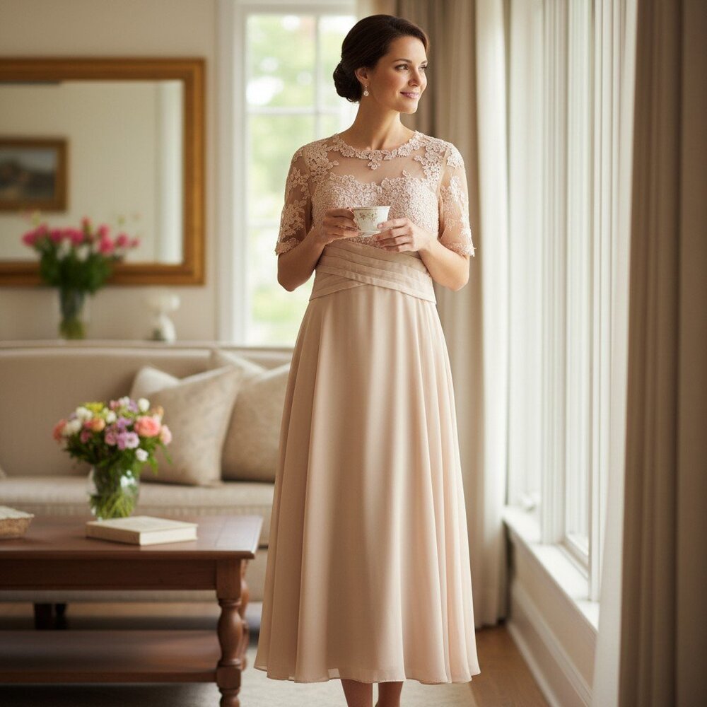 Elegant Lace Bodice Midi Dress in Blush